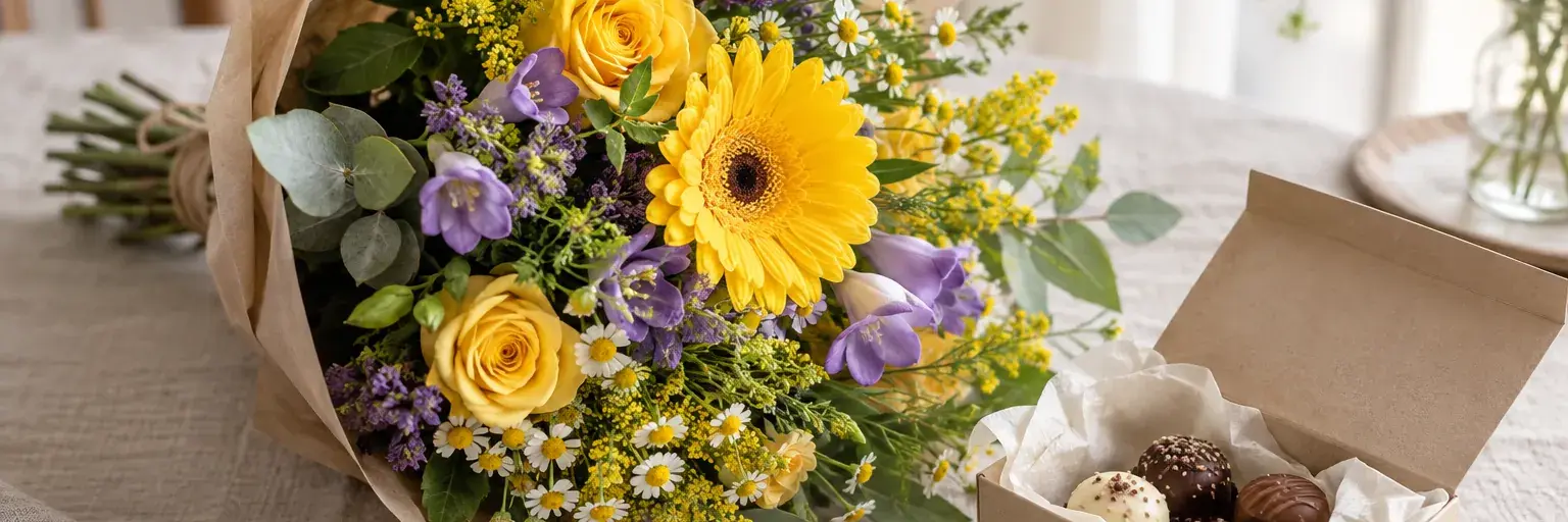 Gelb-violetter Blumenstrauß neben einer schlichten Schachtel mit Pralinen.