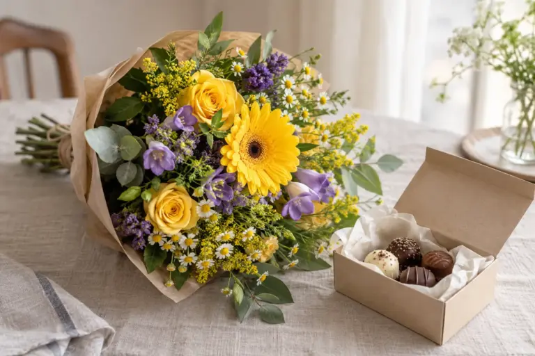 Gelb-violetter Blumenstrauß neben einer schlichten Schachtel mit Pralinen.