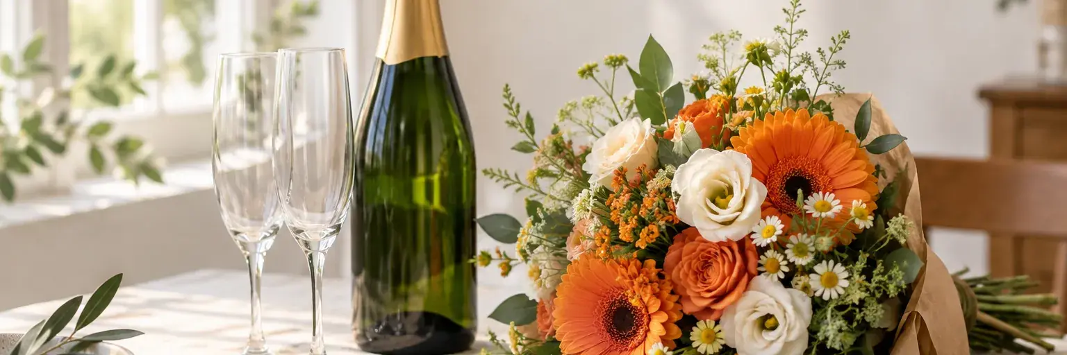 Orange-weißer Blumenstrauß neben einer unbeschrifteten grünen Flasche und zwei Gläsern.