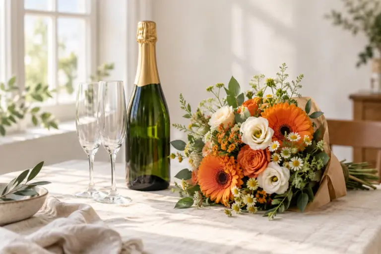 Orange-weißer Blumenstrauß neben einer unbeschrifteten grünen Flasche und zwei Gläsern.