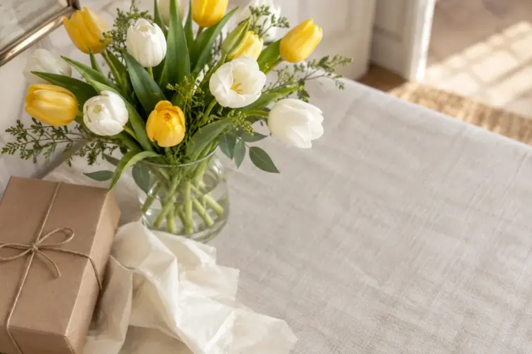 Weiß-gelbe Tulpen in einer Glasvase neben einem schlichten Geschenkkarton und Seidenpapier.