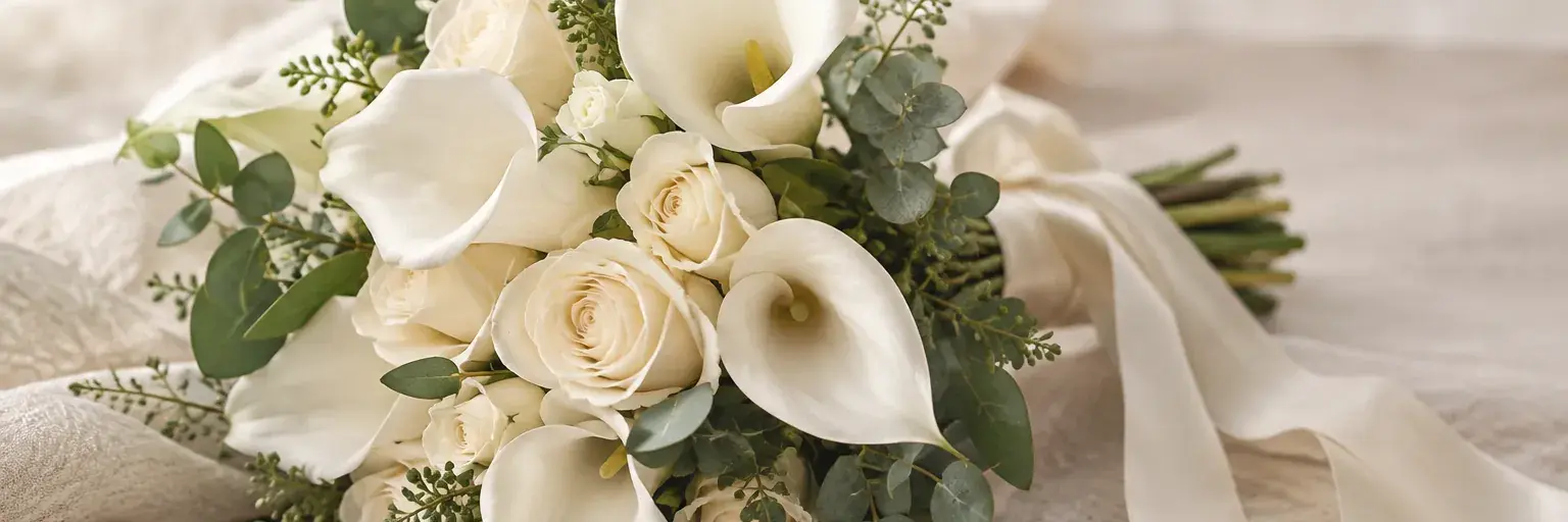 Weißer Strauß aus Calla, Rosen und Eukalyptus mit elfenbeinfarbenem Band.