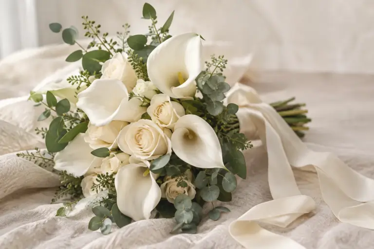 Weißer Strauß aus Calla, Rosen und Eukalyptus mit elfenbeinfarbenem Band.