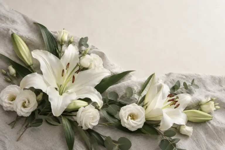 Weiße Lilien und cremefarbene Lisianthus auf hellgrauem Leinen.