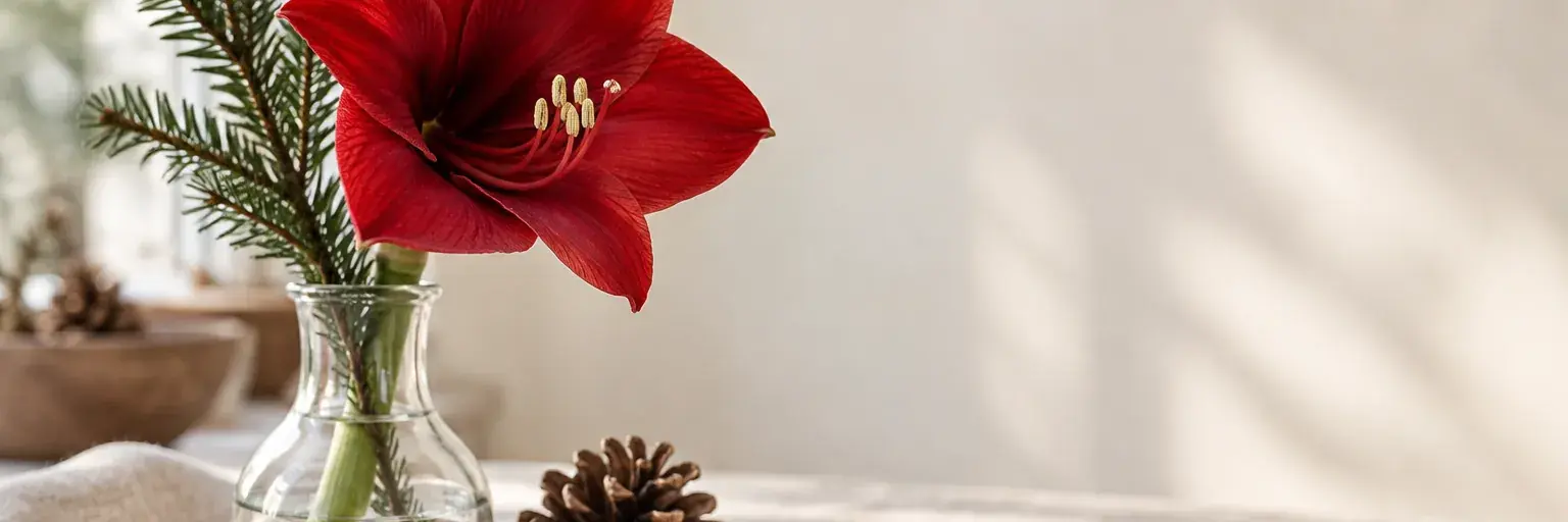 Kleine Vase mit einer roten Amaryllis und einem Tannenzweig neben Zapfen.