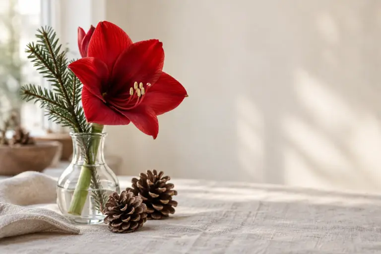 Kleine Vase mit einer roten Amaryllis und einem Tannenzweig neben Zapfen.