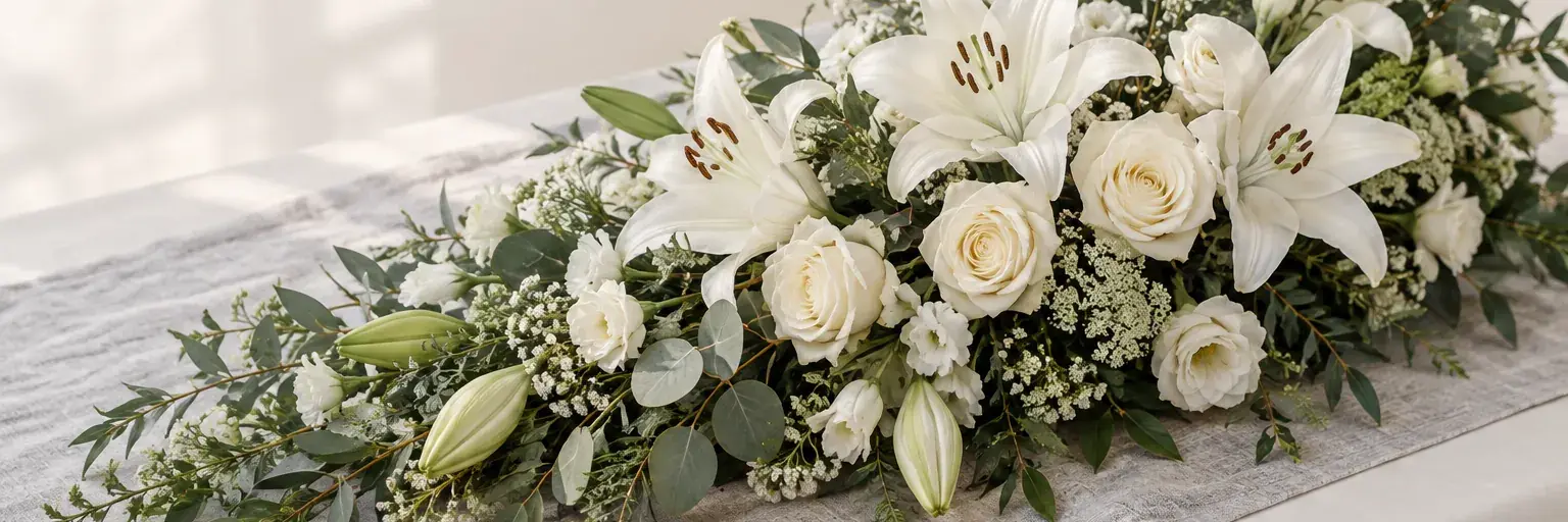 Länglicher Trauerschmuck aus weißen Lilien und Rosen auf hellgrauem Leinen.