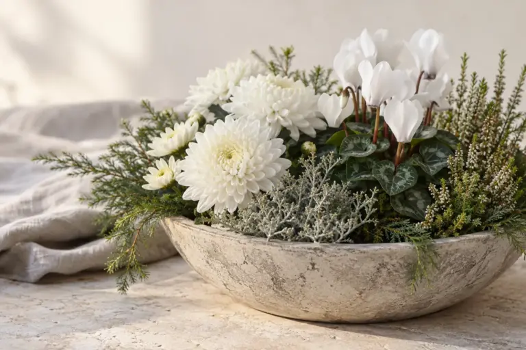 Weiße Chrysanthemen und Alpenveilchen mit immergrünen Zweigen in einer niedrigen Schale.