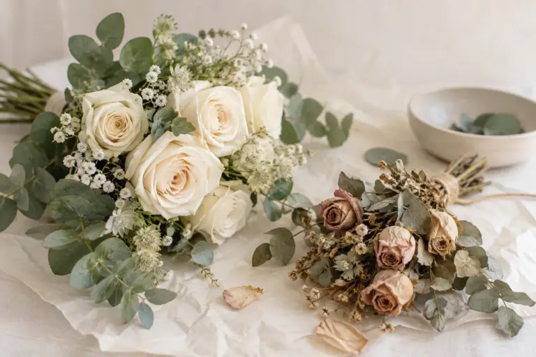 Frische cremefarbene Rosen neben einem getrockneten Rosen-Eukalyptus-Bündel.