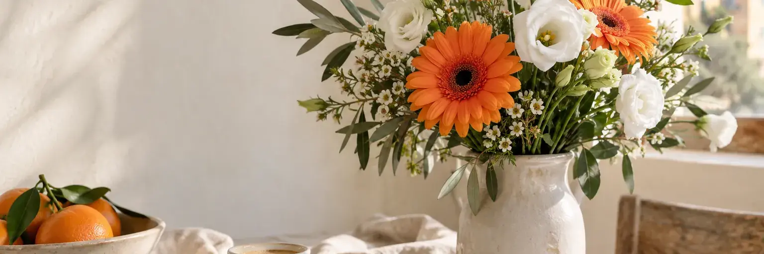 Orangefarbene Gerbera und weiße Lisianthus neben einer schlichten Espressotasse.