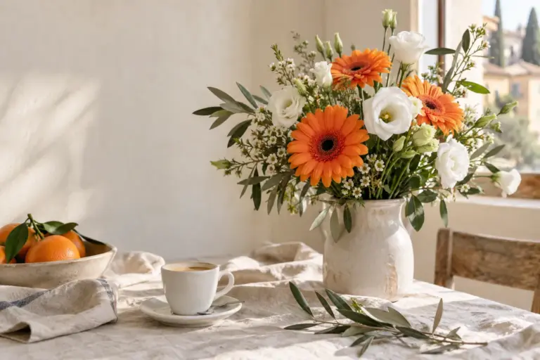 Orangefarbene Gerbera und weiße Lisianthus neben einer schlichten Espressotasse.