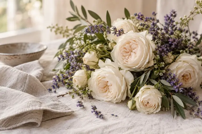 Elfenbeinfarbene Rosen und Lavendel auf einer Leinenserviette.