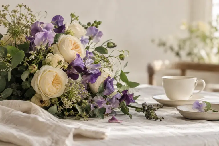Cremefarbene Gartenrosen und violette Duftwicken neben einer schlichten Teetasse.