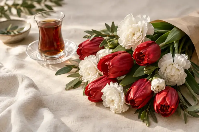 Rote Tulpen und weiße Nelken neben einem kleinen Teeglas.