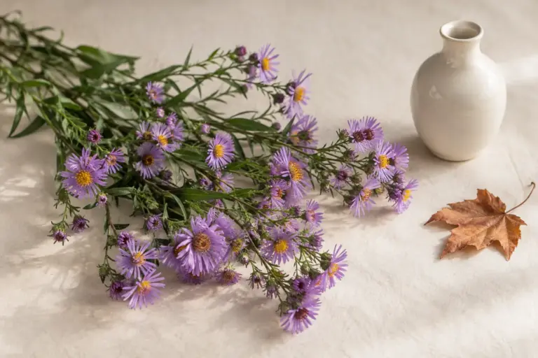 Violette Herbstastern mit gelben Blütenmitten neben einer kleinen Vase und einem Herbstblatt.