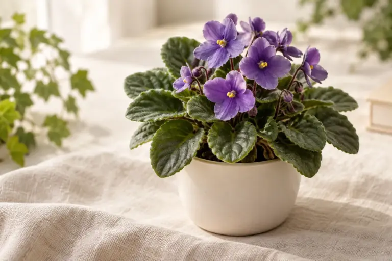 Usambaraveilchen mit violetten Blüten und flaumigen Blättern in einem cremefarbenen Topf.