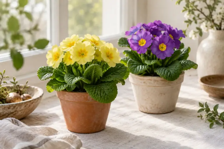 Gelbe und violette Primeln mit grünen Blattrosetten in zwei schlichten Töpfen.