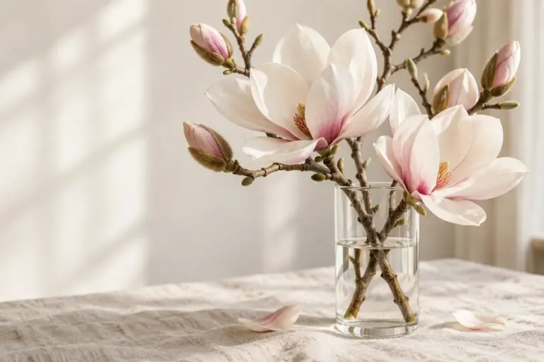 Magnolienzweige mit rosaweißen Blüten und flaumigen Knospen in einer Glasvase.