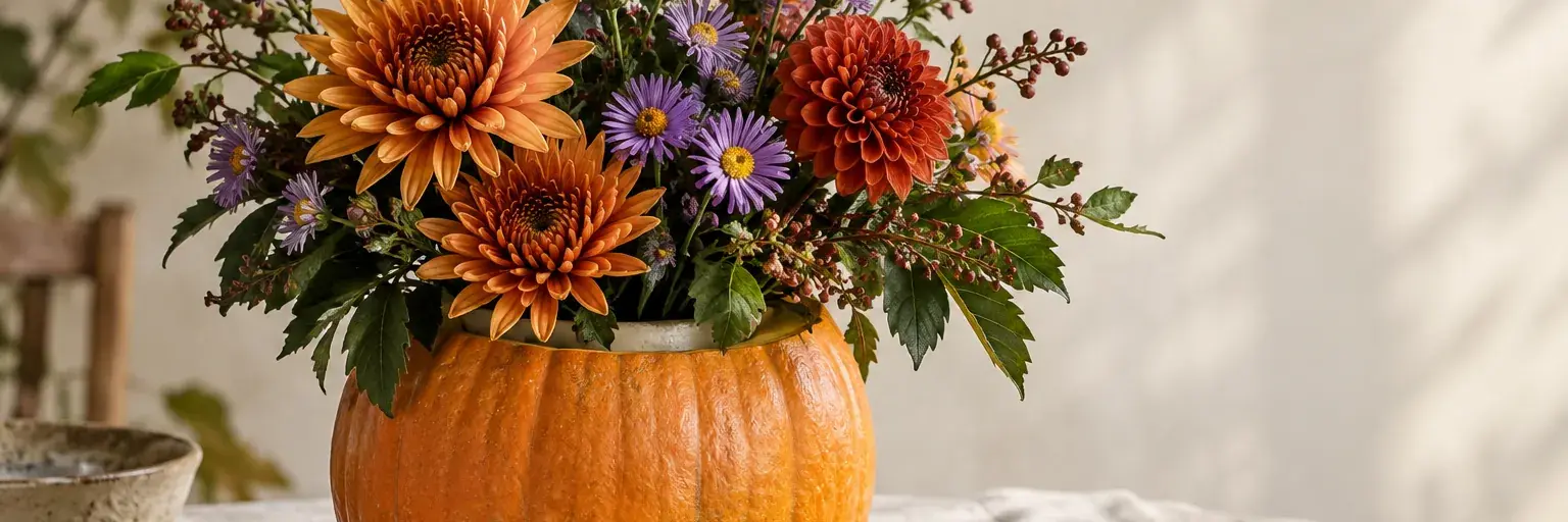 Orange Chrysanthemen, violette Astern und Dahlien in einem schlichten Kürbisarrangement.