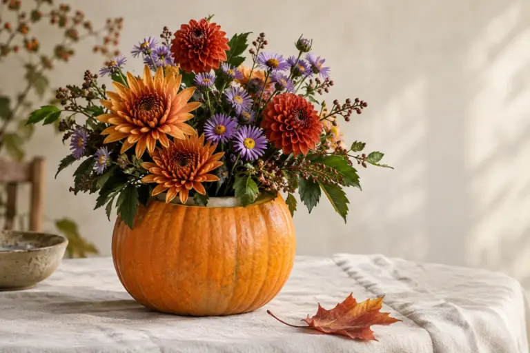 Orange Chrysanthemen, violette Astern und Dahlien in einem schlichten Kürbisarrangement.