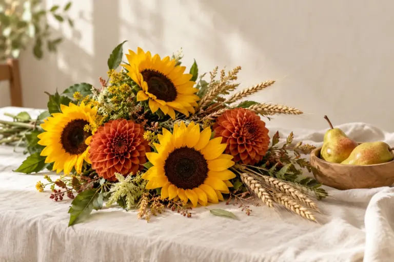 Sonnenblumen, rostorange Dahlien und Getreideähren neben einer Holzschale mit Birnen.