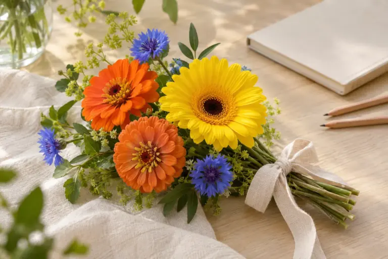 Kleiner gelb-orange-blauer Blumenstrauß neben zwei Bleistiften und einem geschlossenen Notizbuch.