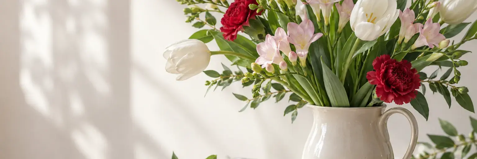 Weiße Tulpen, zartrosa Freesien und rote Nelken in einem cremefarbenen Krug.