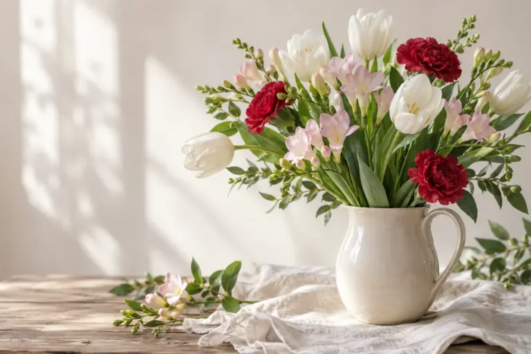 Weiße Tulpen, zartrosa Freesien und rote Nelken in einem cremefarbenen Krug.