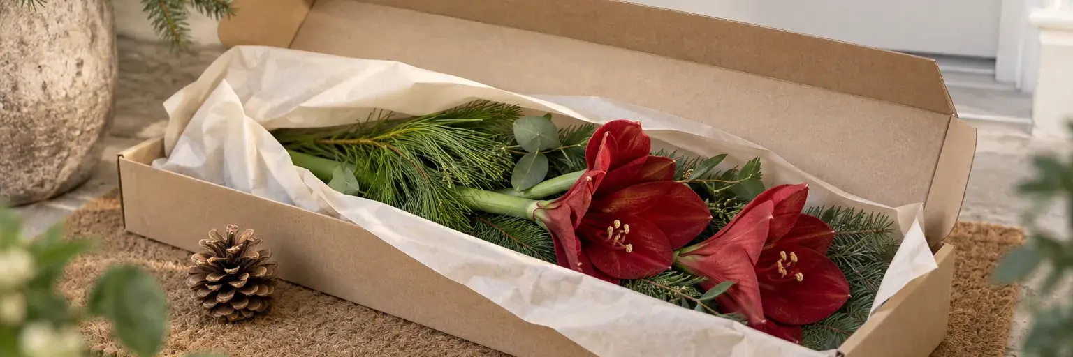 Geöffneter Blumenkarton mit roten Amaryllis und Tannenzweigen auf einer Fußmatte.