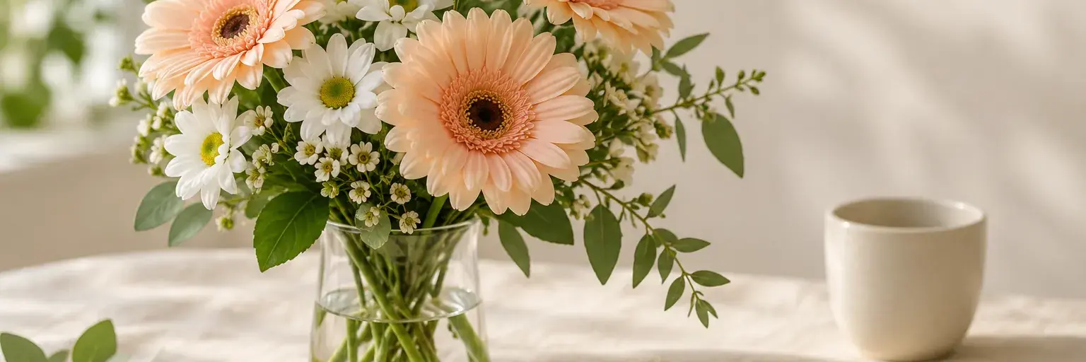 Apricotfarbene Gerbera und weiße Margeriten in einer schlichten Glasvase.