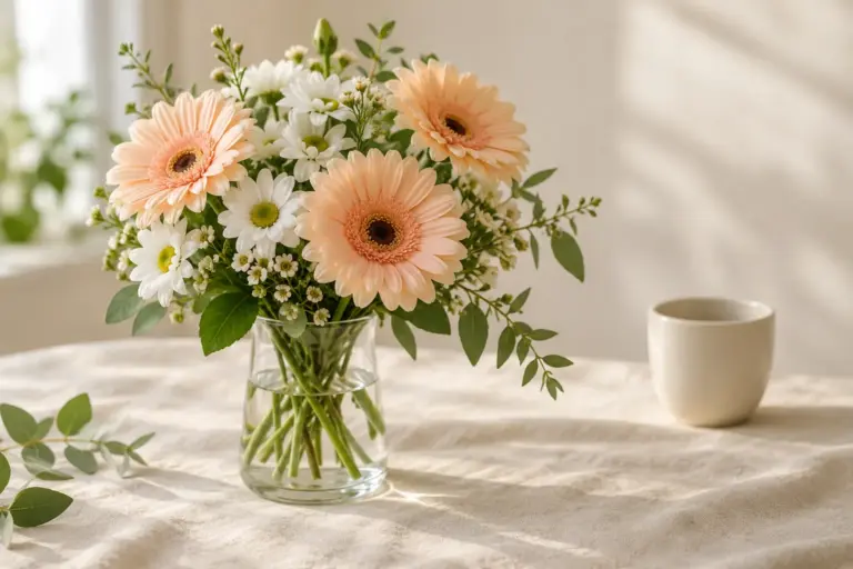 Apricotfarbene Gerbera und weiße Margeriten in einer schlichten Glasvase.
