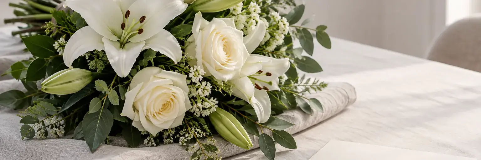 Weißer Lilien-Rosen-Strauß neben einer leeren Beileidskarte und einem Bleistift auf grauem Leinen.