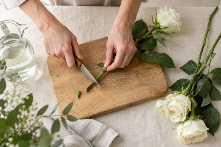 Hände beim Anschneiden eines Rosenstiels mit einem Messer auf einem Holzbrett.