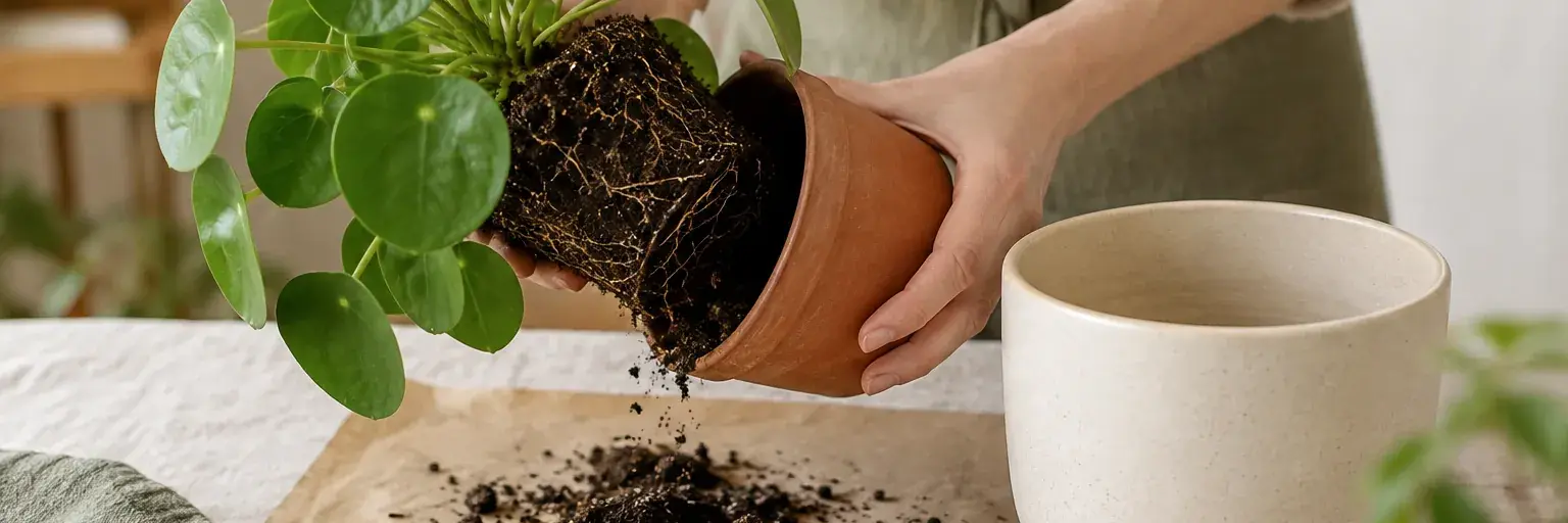 Hände beim Umtopfen einer Pilea mit rundem Blattwerk und sichtbarem Wurzelballen.