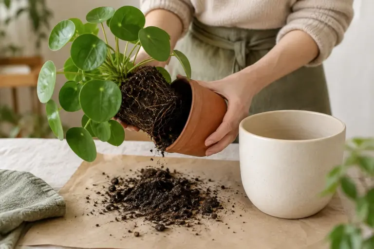 Hände beim Umtopfen einer Pilea mit rundem Blattwerk und sichtbarem Wurzelballen.
