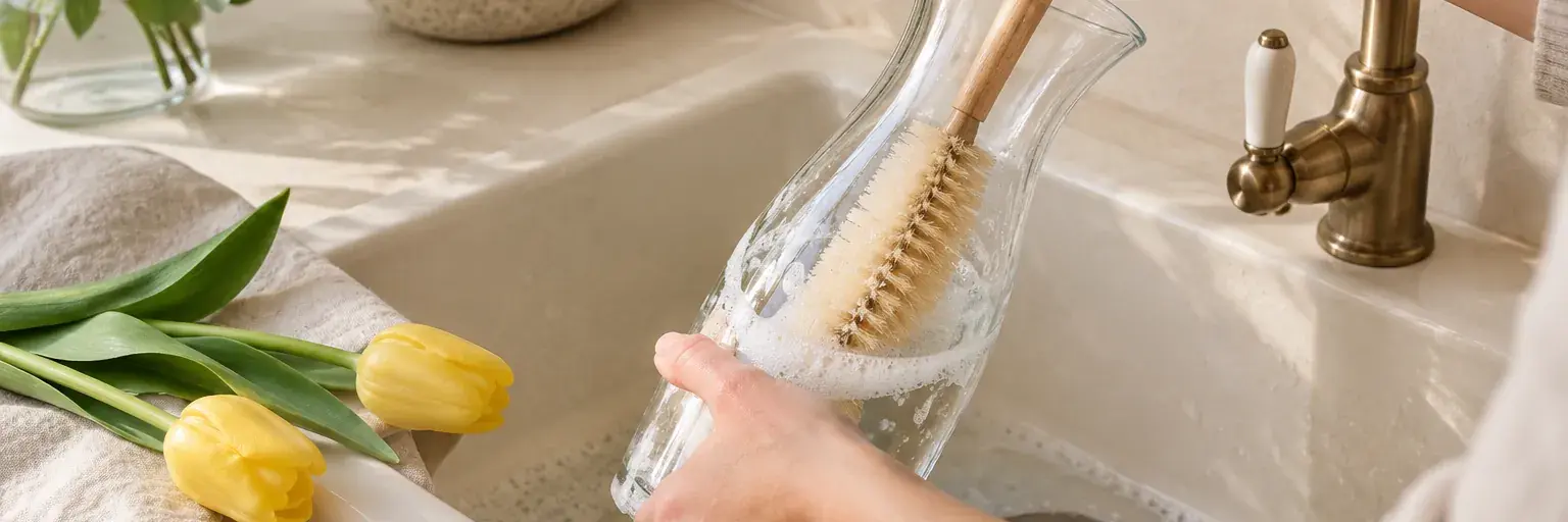 Hände beim Reinigen einer Glasvase mit einer Bürste an einem hellen Waschbecken.