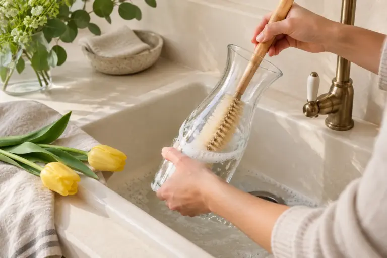 Hände beim Reinigen einer Glasvase mit einer Bürste an einem hellen Waschbecken.