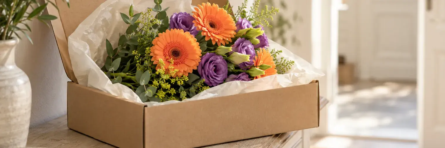 Blumenkarton mit orangefarbenen Gerbera und violetten Lisianthus neben einem Smartphone mit dunklem Bildschirm.