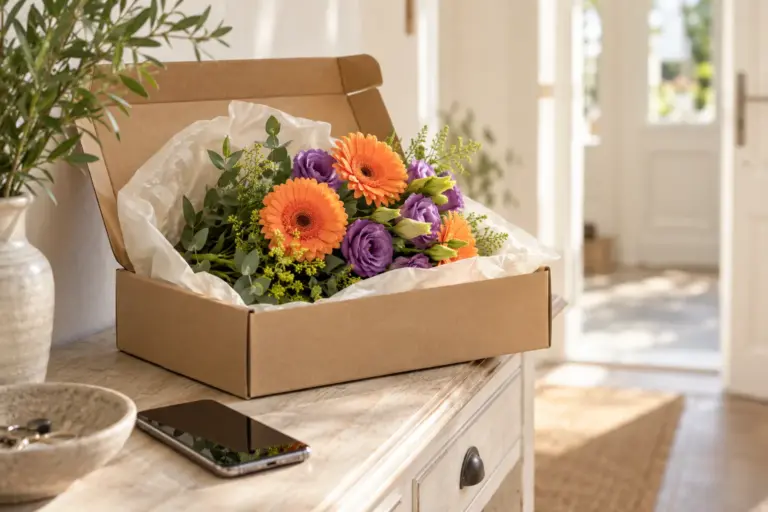 Blumenkarton mit orangefarbenen Gerbera und violetten Lisianthus neben einem Smartphone mit dunklem Bildschirm.