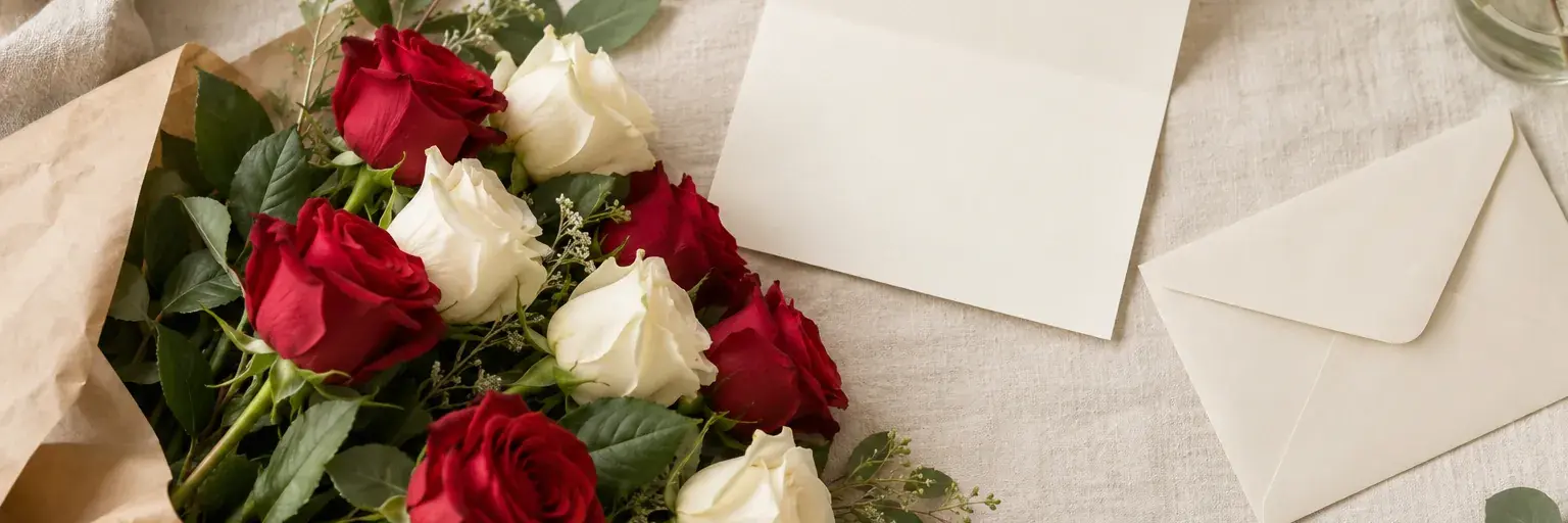 Rote und elfenbeinfarbene Rosen in Kraftpapier neben einem leeren Blatt und einem Umschlag.