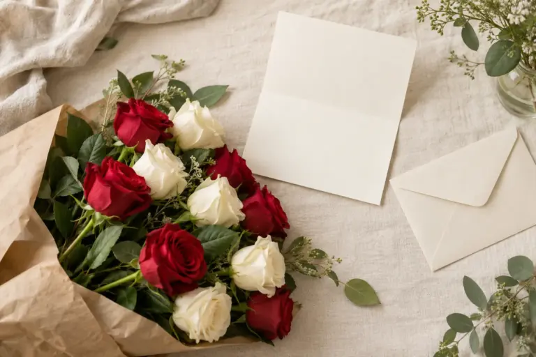 Rote und elfenbeinfarbene Rosen in Kraftpapier neben einem leeren Blatt und einem Umschlag.