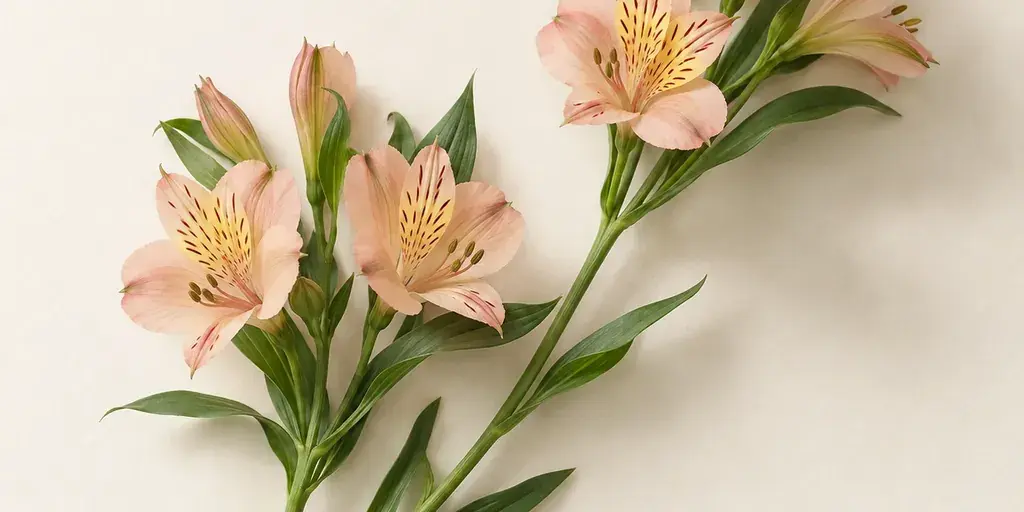 Pfirsichfarbene Alstroemerien mit fein gezeichneten Blüten auf cremefarbenem Papier.
