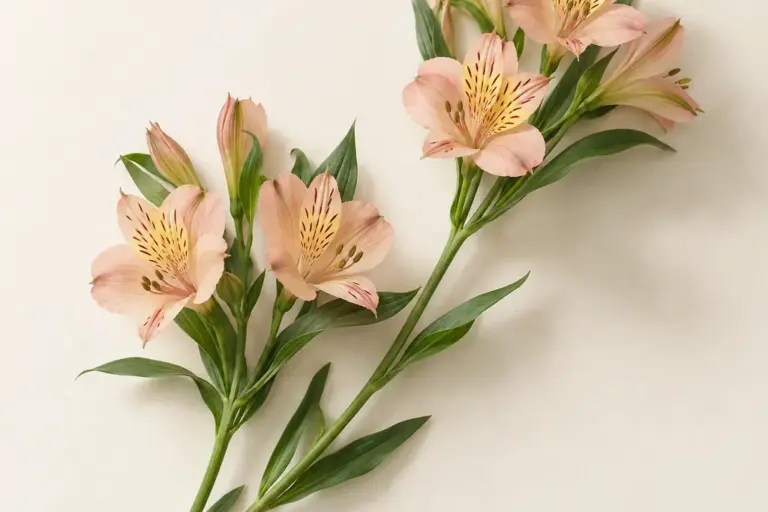 Pfirsichfarbene Alstroemerien mit fein gezeichneten Blüten auf cremefarbenem Papier.
