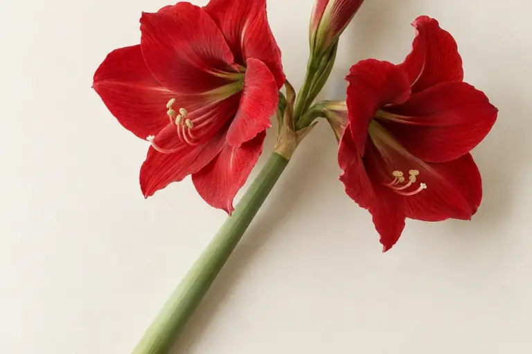 Dunkelrote Amaryllis mit zwei Trichterblüten auf cremefarbenem Papier.
