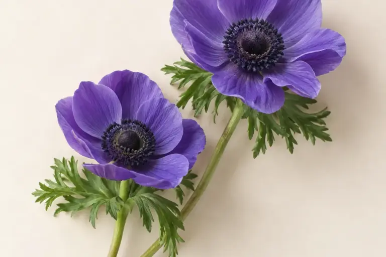 Zwei violette Anemonen mit dunkler Blütenmitte auf cremefarbenem Papier.