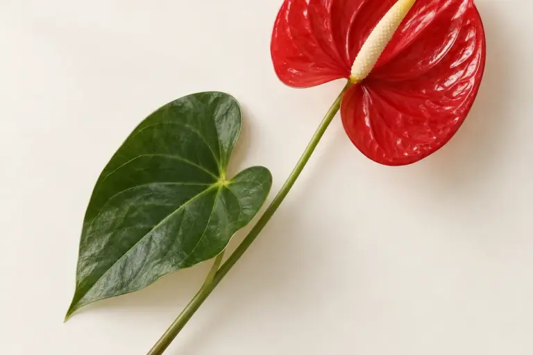Rote Anthurie mit hellem Blütenkolben und grünem Blatt auf cremefarbenem Papier.