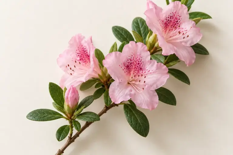 Rosa Azaleenblüten mit kleinen grünen Blättern auf cremefarbenem Papier.