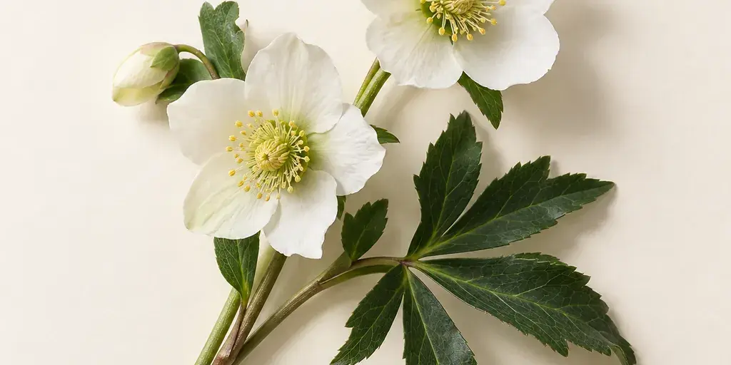 Weiße Christrosen mit gelben Staubblättern und geteiltem Blatt auf cremefarbenem Papier.