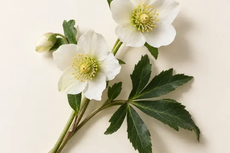 Weiße Christrosen mit gelben Staubblättern und geteiltem Blatt auf cremefarbenem Papier.