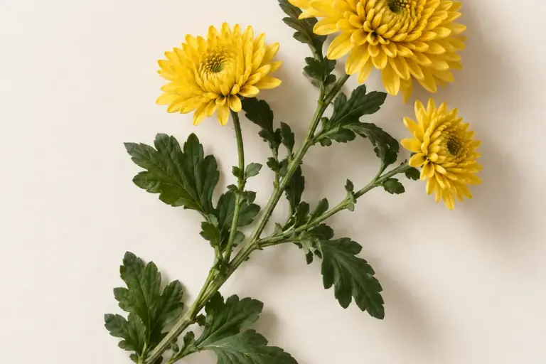 Gelbe Chrysanthemen mit gelappten Blättern auf cremefarbenem Papier.